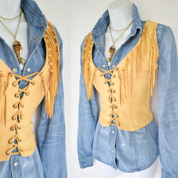 handmade Jackets & Blazers - Vintage buckskin fringe leather corset vest
